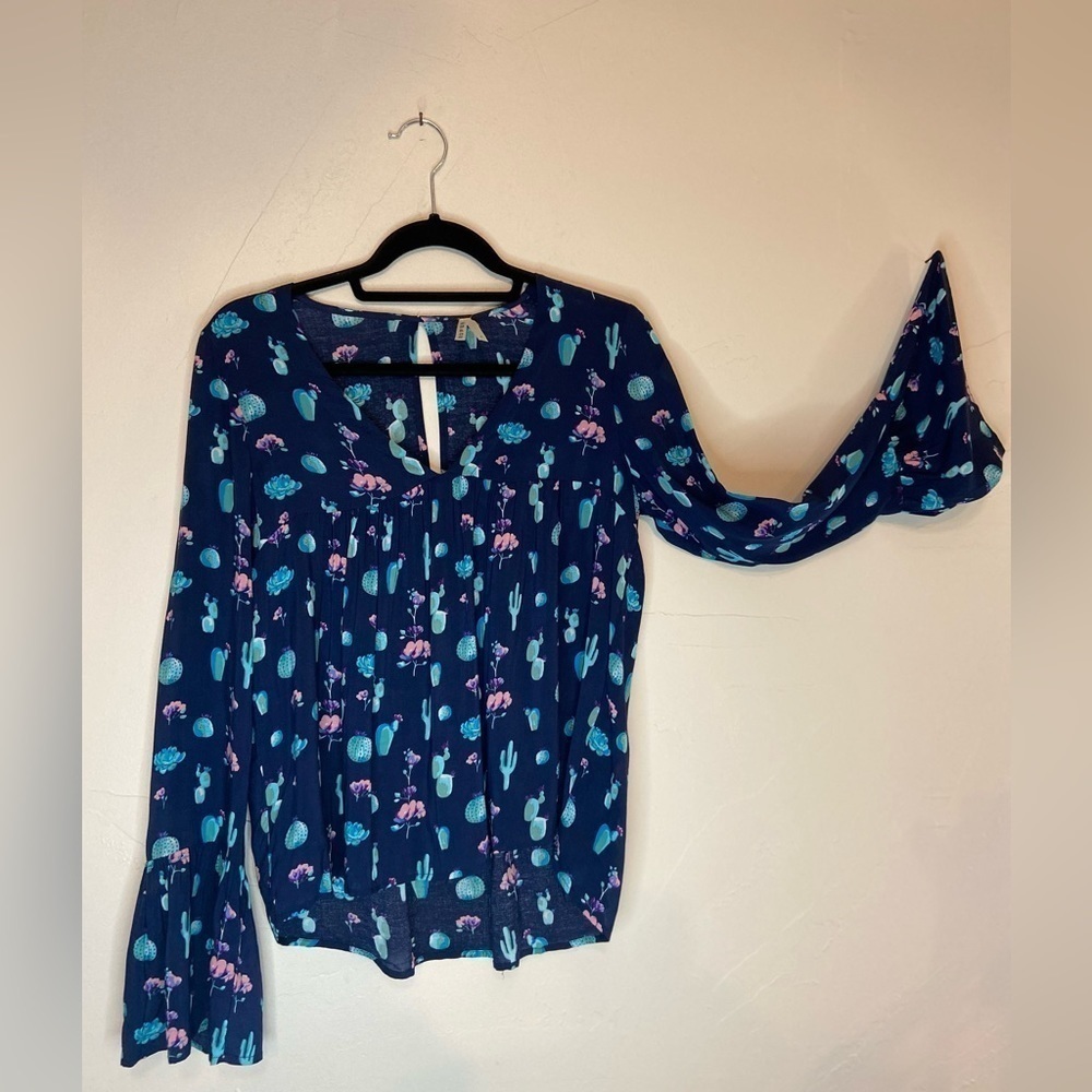Roper~Navy Cactus Print Peasant Blouse~Empire Waist~Sheer Bell Sleeves~Size S - Picture 6 of 11